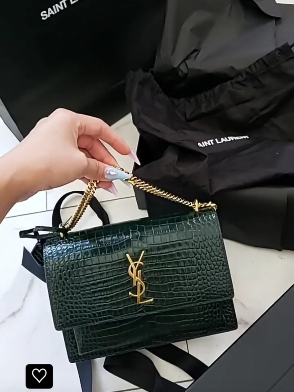 Saint Laurent Green Croc Embossed Leather Bag Purse